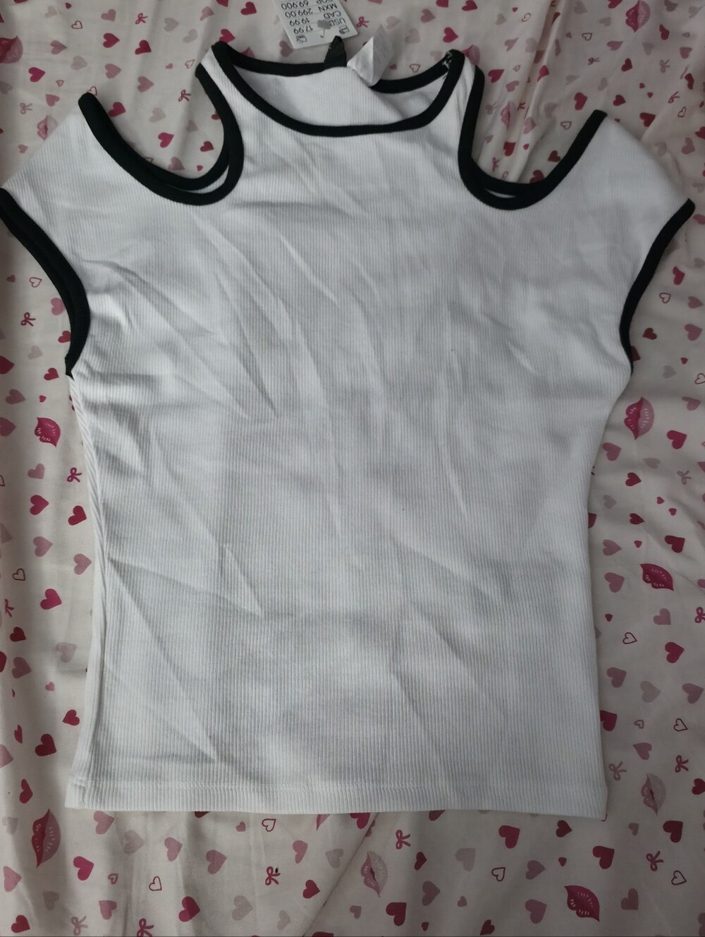 Women’s White Ribbed Cold-Shoulder Tank with Black Trim